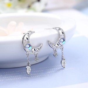 NEW 925 Sterling Silver Diamond Moon Earrings